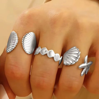 MHS.SUN Ocean Style Stainless Steel Starfish Shell Rings For Women Men Vintage Gold Plated Open Ring Summer Beach Jewelry