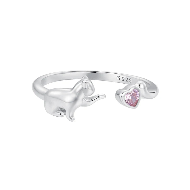 WOSTU 925 Sterling Silver Cat Pet Adjustable Rings For Women Animal Dog Open Ring Family Daughter Birthday Jewelry Girl Gift