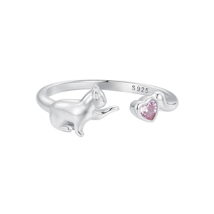 WOSTU 925 Sterling Silver Cat Pet Adjustable Rings For Women Animal Dog Open Ring Family Daughter Birthday Jewelry Girl Gift