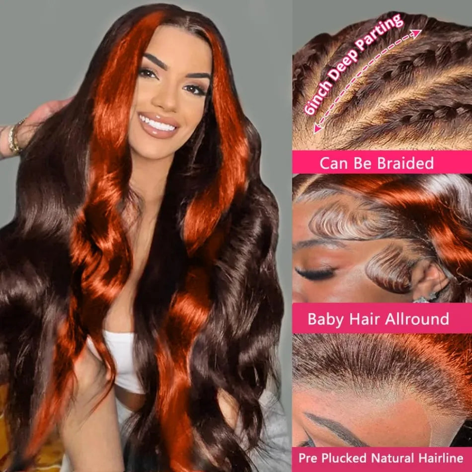Highlight Ginger Orange Ombre Body Wave 13x6 HD Lace Wig – Pre-Plucked, 250% Density
