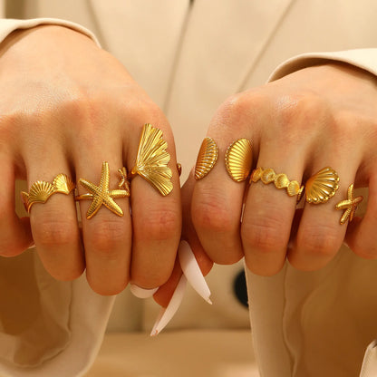 MHS.SUN Ocean Style Stainless Steel Starfish Shell Rings For Women Men Vintage Gold Plated Open Ring Summer Beach Jewelry