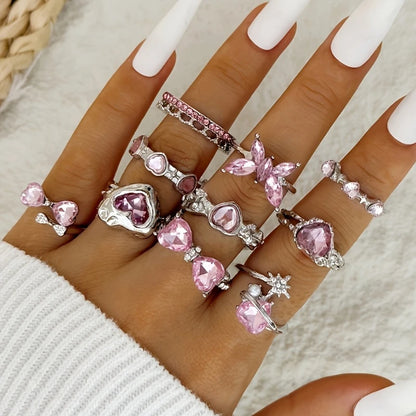 10Pcs/Set Pink Synthetic Zircon Heart Love Butterfly Rings for Women Bow Mix Style Fashion Open Adjustion Finger Jewelry Party