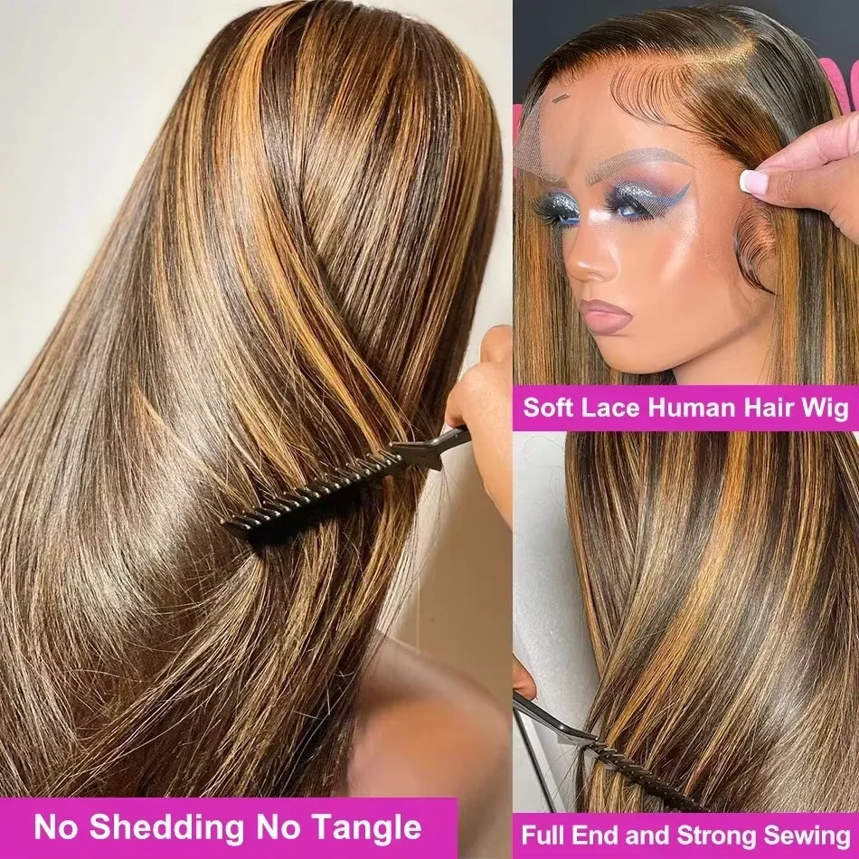 Highlight Ombre Bone Straight 13x6 HD Lace Frontal Wig – 360 Full Lace, 30–40 Inch Colored