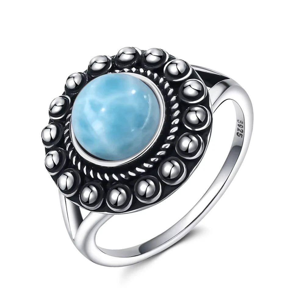 Vintage 925 Silver Natural Larimar Stone Ring Round Flower Shape Sky Blue Sea Water Ring Fine Jewelry Ring Gift For Women Men