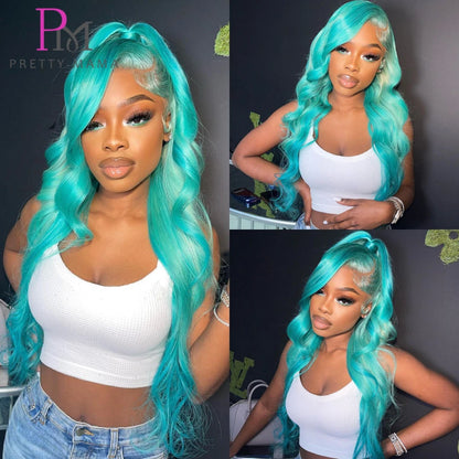 Cyan Blue & Light Green 13x6 Lace Front Wig – Body Wave Pre-Plucked Colored 613