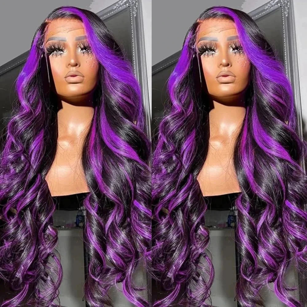 1B/Pink Ombre & Dark Purple Highlight Body Wave HD Lace Frontal Wig – 13x4 & 13x6, 250%