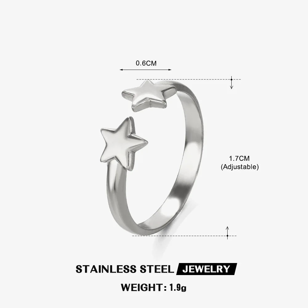 LATS Stainless Steel Y2K Celestial Star Open Rings for Women Men Unique Design Gold Silver Color Adjustable Ring Fashion Jewelry