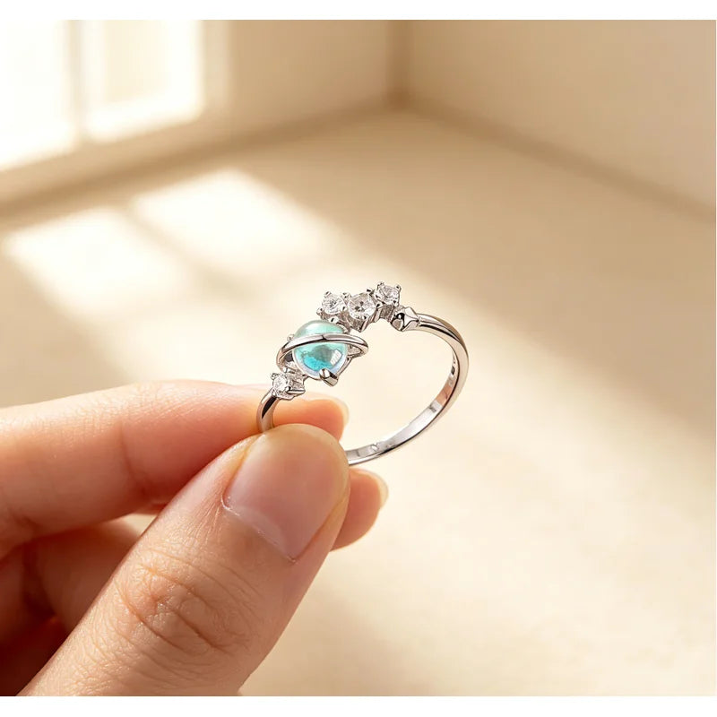 925 Sterling Silver Novel Imitation Moonstone Rings for Women Exquisite Planet Design Wear Rings Trendy Party Hot Sale Jewelry
