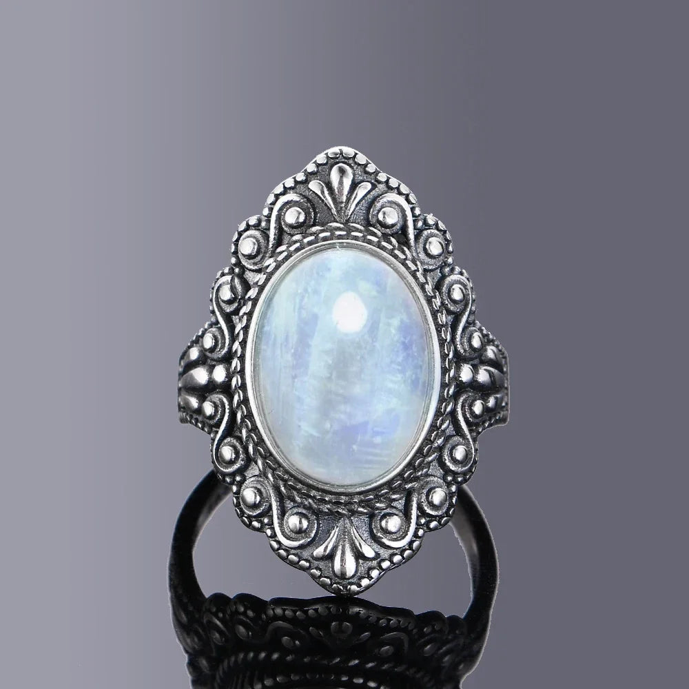 Round Oval Big Natural Moonstones Rings Women's Silver Plated Rings Gifts Vintage Fine Jewelry