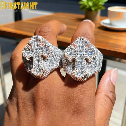 New Two Tone Color Cross Ring Iced Out Bling 5A CZ Stone Zircon Prong Setting Luxulry Finger Rings Men Women Hip Hop Jewelry