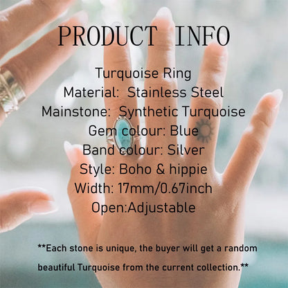 1pc Stainless Steel Boho Turquoise Open Finger Rings Trendy Adjustable Women Ethnic Multi Layers Stackable Anillos Jewelry