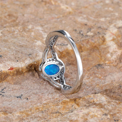 Small Oval Stone Blue Opal Ring White Zircon Hollow Infinity Engagement Rings For Women Trendy Silver Color Wedding Band Jewelry