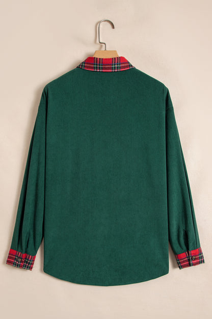 Blackish Green Plaid Pocket Button Long Sleeve Shift Shacket