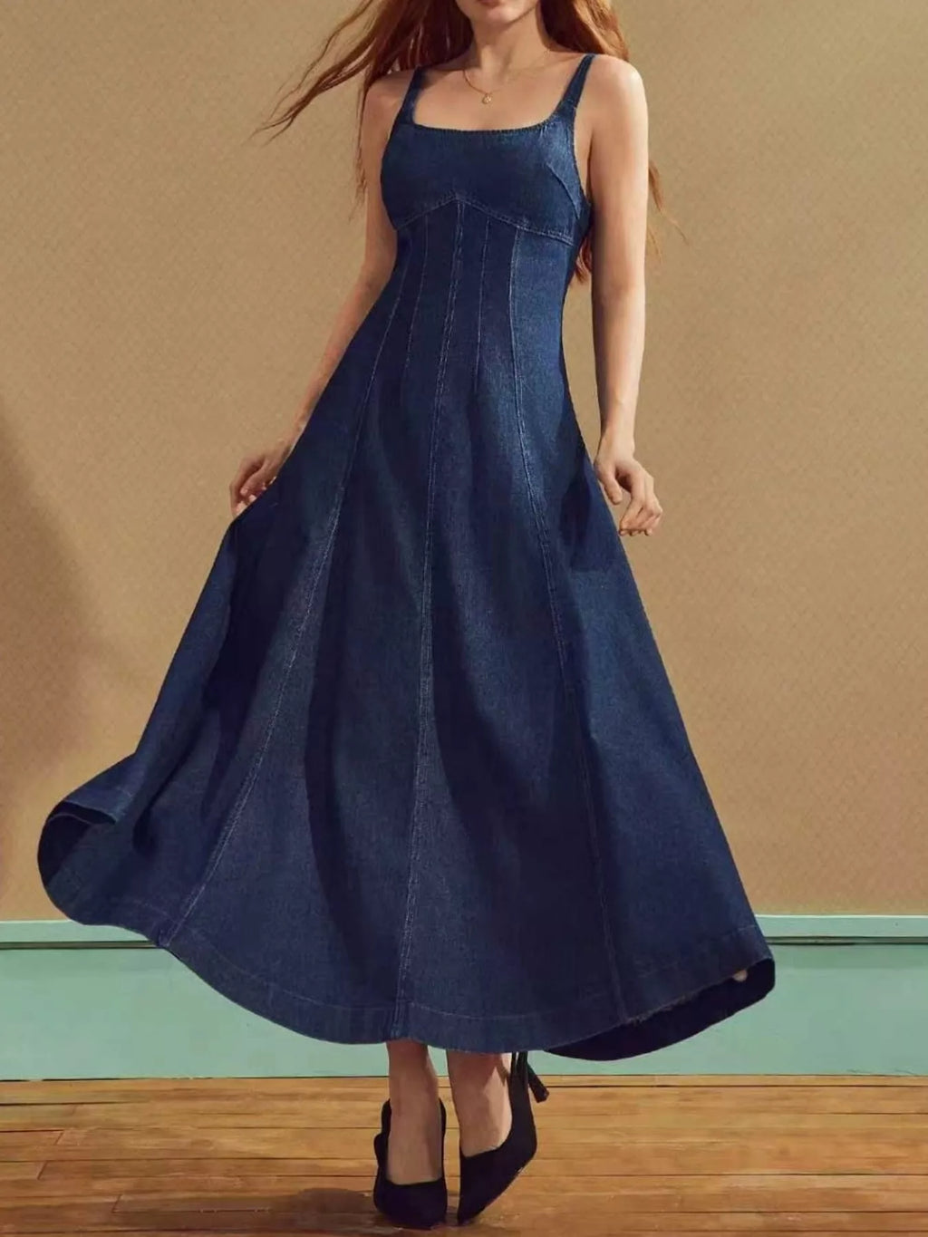 YSONA Square Neck A-Line Denim Dress — back view | Women's Dress | Shop YSONA