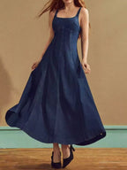 YSONA Square Neck A-Line Denim Dress — back view | Women's Dress | Shop YSONA