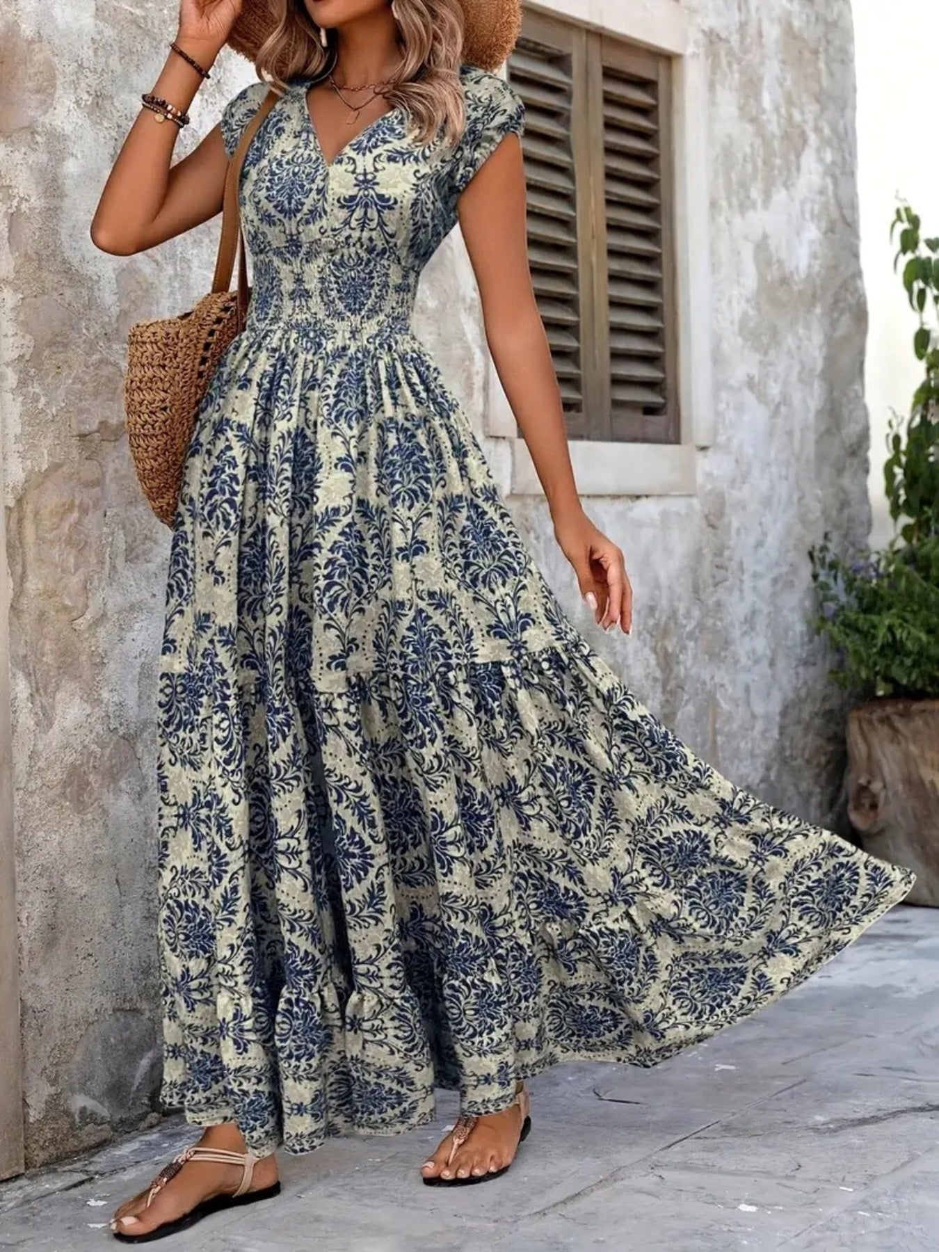 YSONA Printed Cap Sleeve Maxi Dress — side view | Women's Dress | Shop YSONA