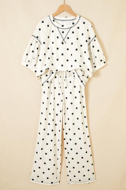 Black Polka Dot Half Sleeve Loose Top Elastic Waist Casual Pants Set
