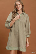 YSONA Umgee Striped Contrast Belted Puff Sleeve Mini Dress — front view | Women's Dress | Shop YSONA
