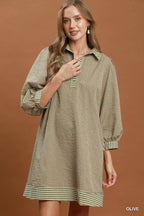 YSONA Umgee Striped Contrast Belted Puff Sleeve Mini Dress — front view | Women's Dress | Shop YSONA
