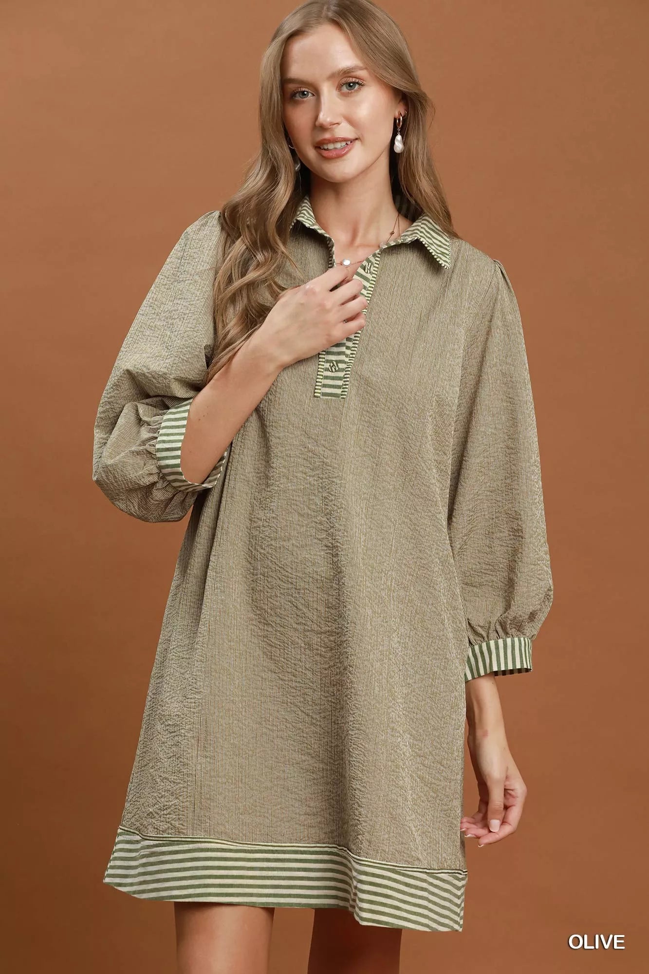 YSONA Umgee Striped Contrast Belted Puff Sleeve Mini Dress — front view | Women's Dress | Shop YSONA