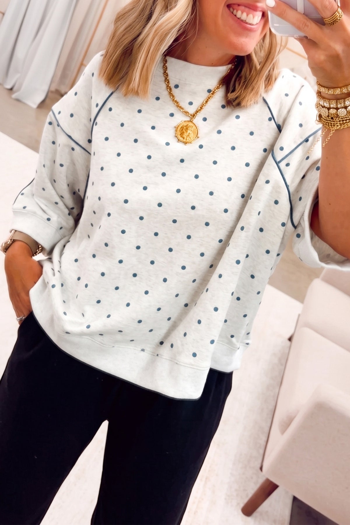 Yellow Polka Dot Print Piping Trim 3/4 Sleeve Relaxed Top