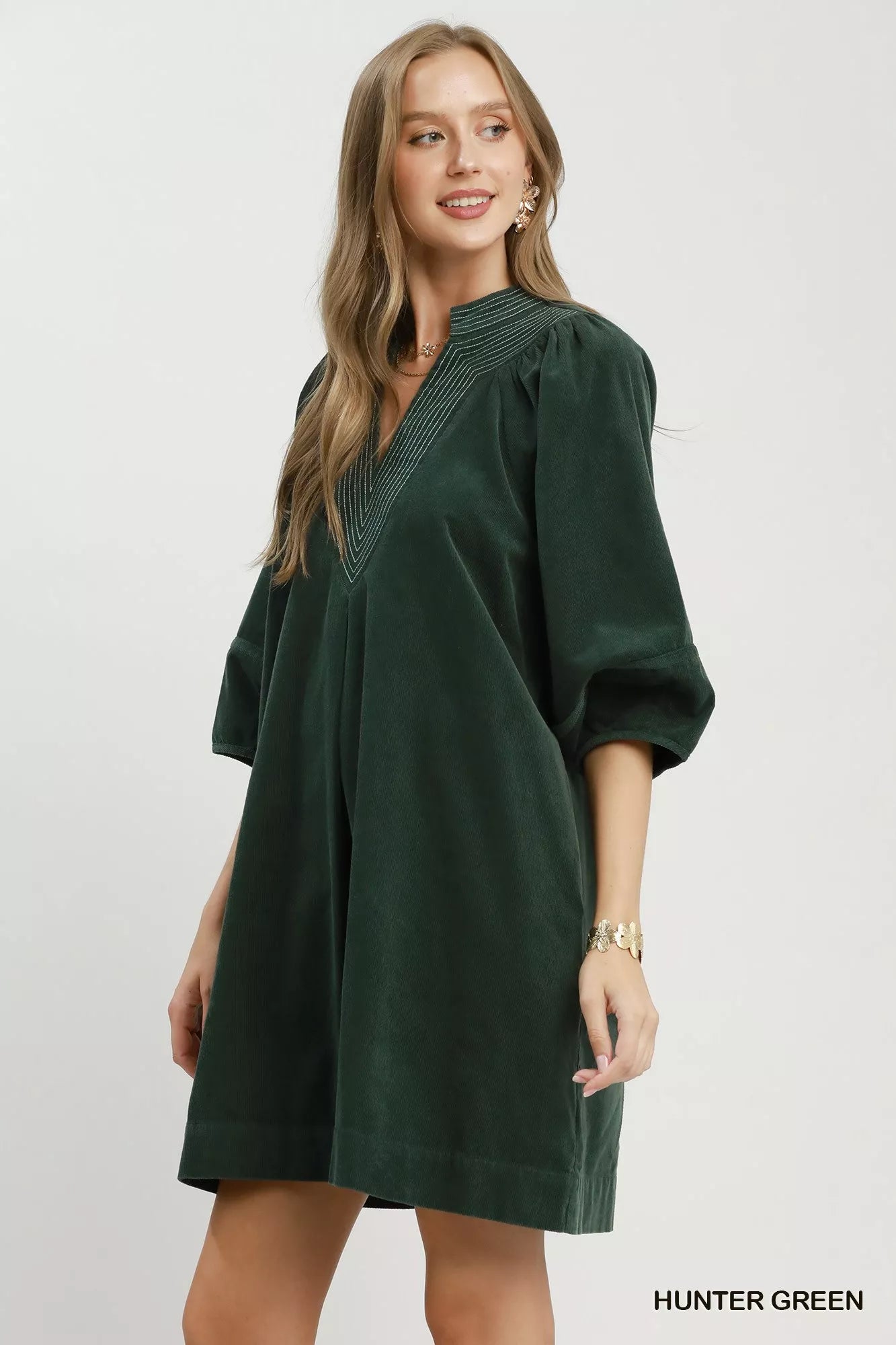 YSONA Umgee Corduroy V-Neck Puff Sleeve Shift Dress with Pockets — back view | Women's Dress