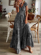 YSONA Full Size Smocked Printed V-Neck Short Sleeve Dress — alternate view | Women's Dress