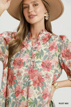 YSONA Umgee Mix Floral Print Smocked Cuff Mini Dress — close-up view | Women's Dress | Shop YSONA