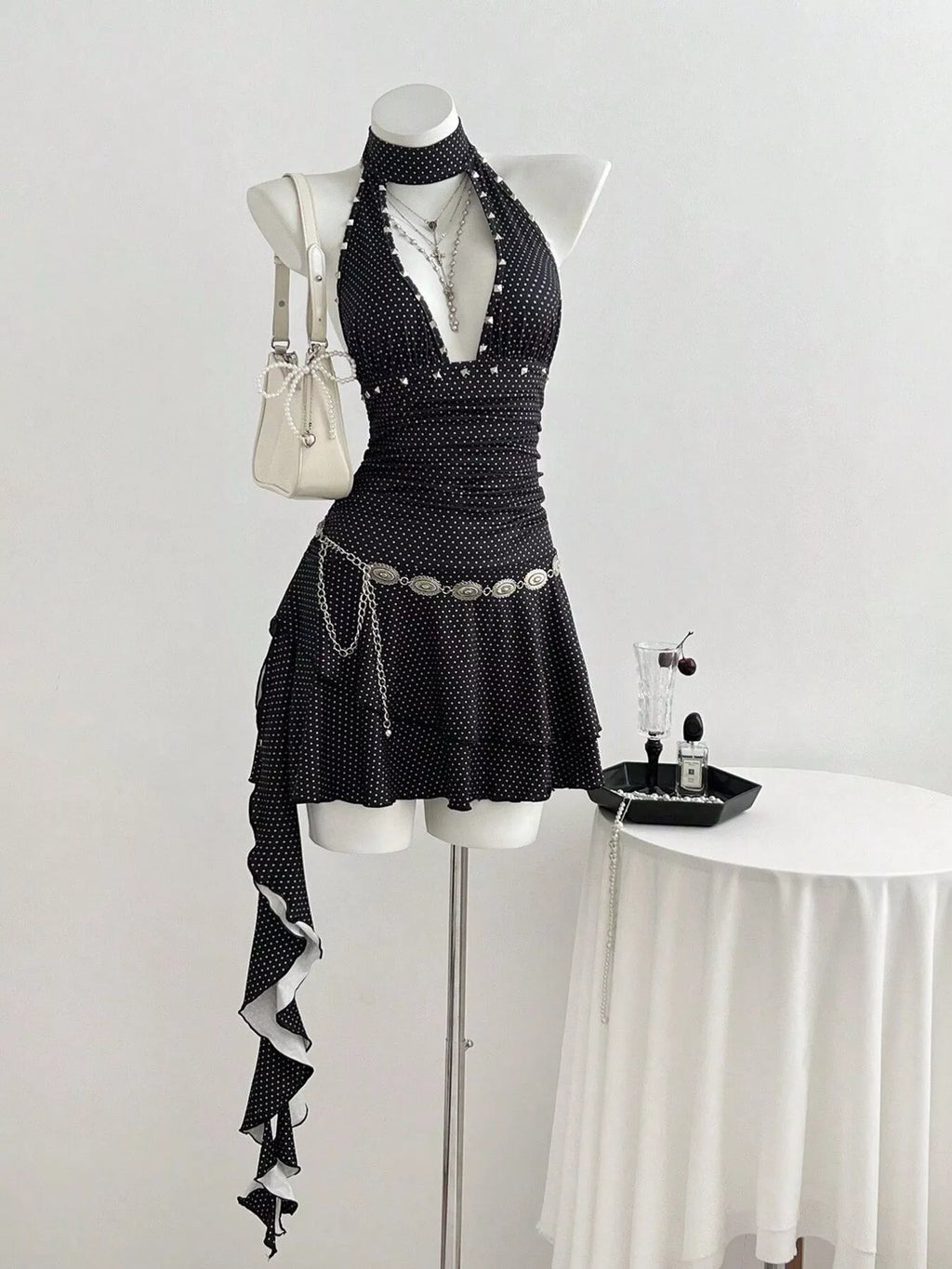 YSONA Polka Dot Cutout Front Halter Neck Dress — front view | Women's Dress | Shop YSONA