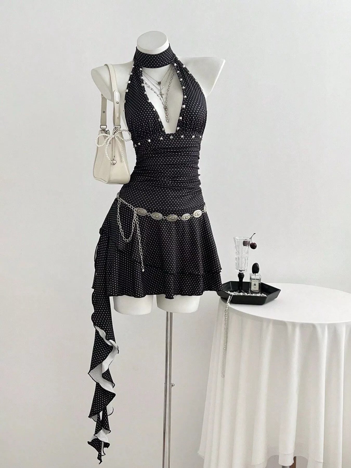 YSONA Polka Dot Cutout Front Halter Neck Dress — front view | Women's Dress | Shop YSONA