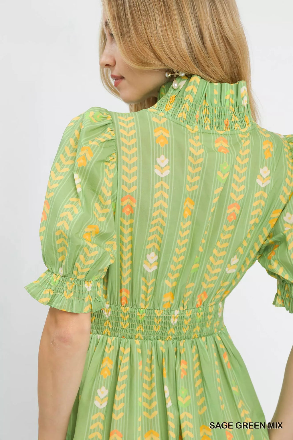 YSONA Umgee Vibrant Ruffle Smocked Midi Dress — detail view | Women's Dress | Shop YSONA