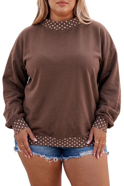 Dirty blue Polka Dot Patchwork Round Neck Plus Size Sweatshirt