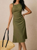 YSONA Asymmetrical Neck Ruched Midi Dress — front view | Women's Dress | Shop YSONA