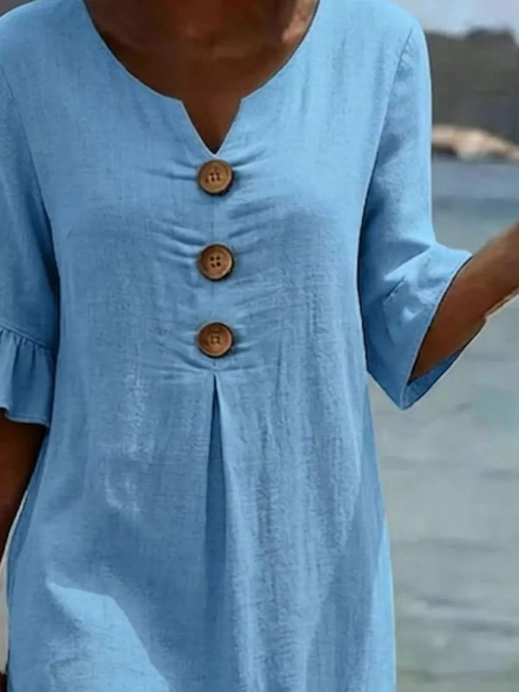 YSONA Full Size Button Decor Ruffle Sleeve Midi Dress Plus Size — close-up view | Women's Dress