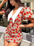 YSONA Ruched Floral Print Puff Sleeve Mini Dress — back view | Women's Dress | Shop YSONA