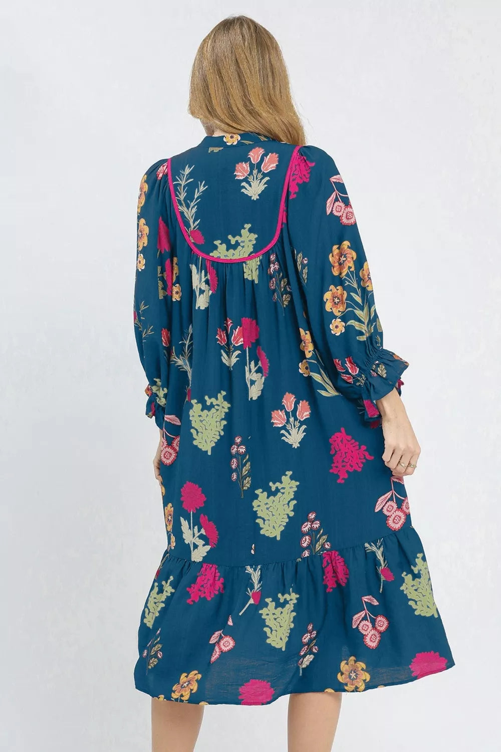 YSONA Floral Print Gathered Neckline 7/8 Sleeve Casual Midi Dress — detail view | Women's Dress