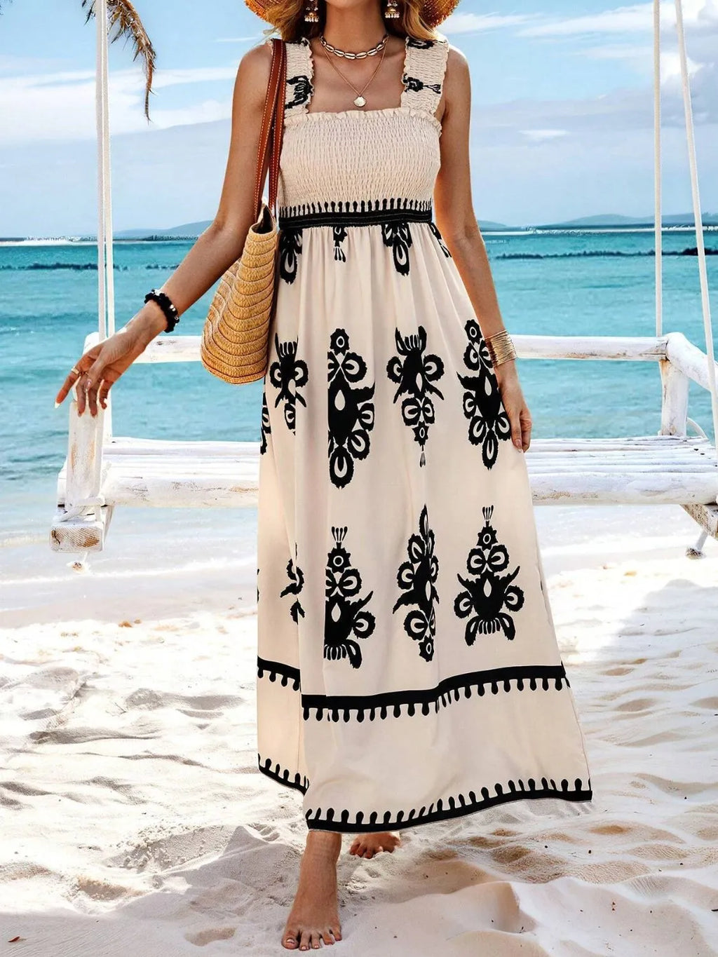 YSONA Smocked Printed Wide Strap Maxi Dress — full length view | Women's Dress | Shop YSONA
