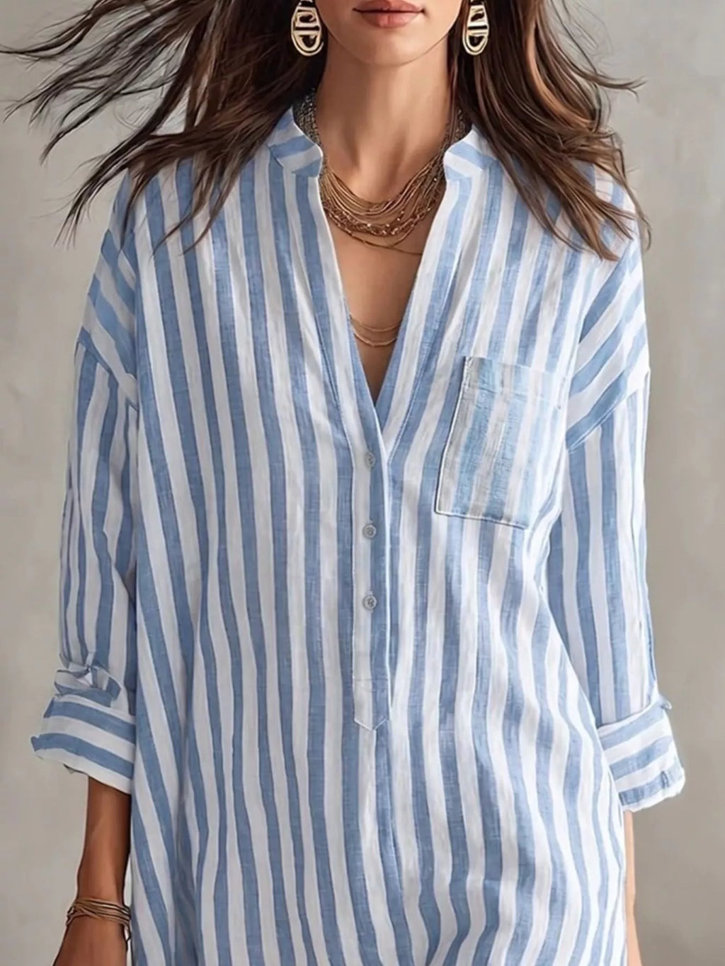 YSONA Full Size Striped 3/4 Sleeve Shirt Dress Plus Size — back view | Women's Dress | Shop YSONA
