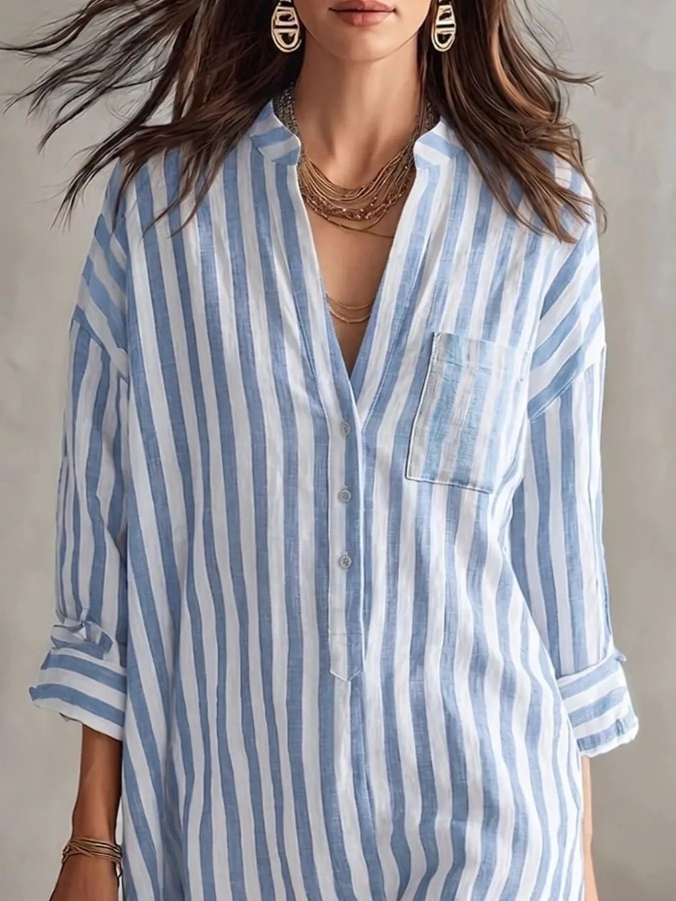 YSONA Full Size Striped 3/4 Sleeve Shirt Dress Plus Size — back view | Women's Dress | Shop YSONA