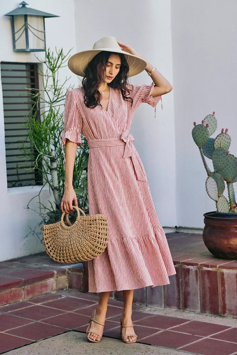 YSONA Stripe Textured Short Sleeves Lined Wrap Midi Dress — alternate view | Women's Dress | Shop YSONA