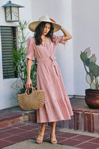 YSONA Stripe Textured Short Sleeves Lined Wrap Midi Dress — alternate view | Women's Dress | Shop YSONA
