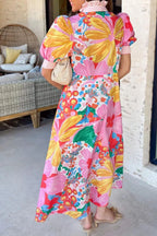 YSONA Floral Print Striped Trim Button Down Short Sleeve Maxi Dress — detail view | Women's Dress