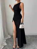 YSONA One-Shoulder Ruched High-Slit Maxi Dress — front view | Women's Dress | Shop YSONA