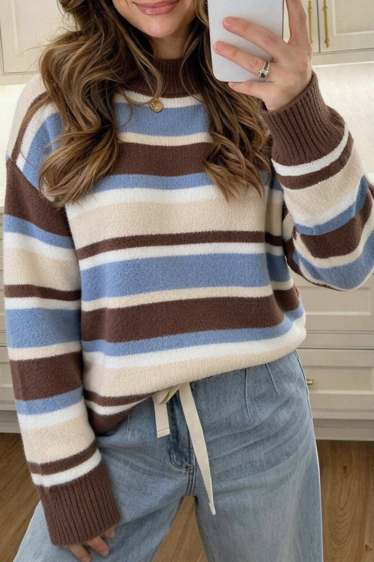Orange Stripe Dropped Shoulder Loose Pullover Sweater