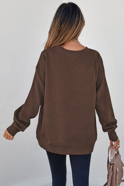 Parchment Solid Color Textured Round Neck Drop Shoulder Pullover Sweatshirt