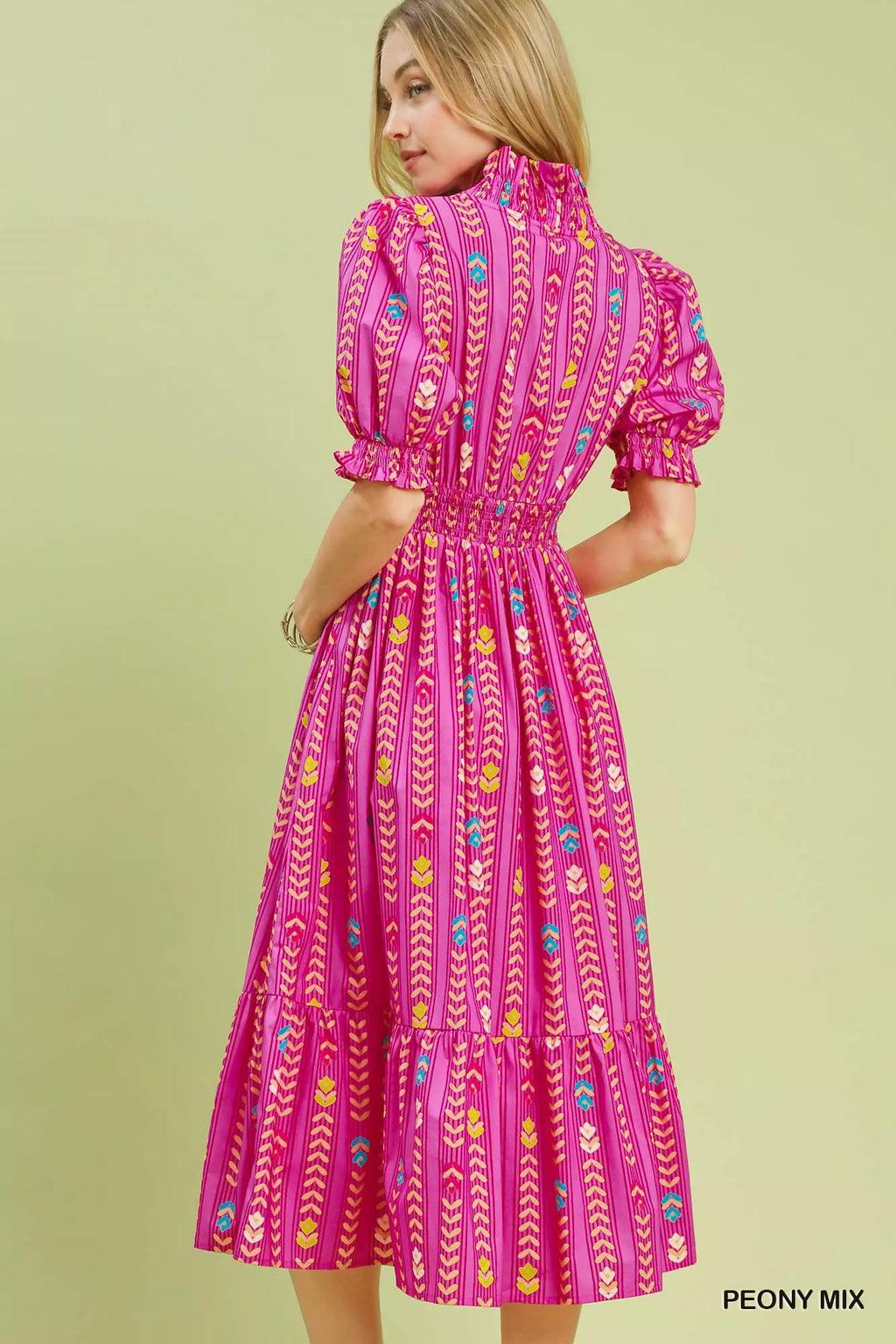 YSONA Umgee Vibrant Ruffle Smocked Midi Dress — back view | Women's Dress | Shop YSONA