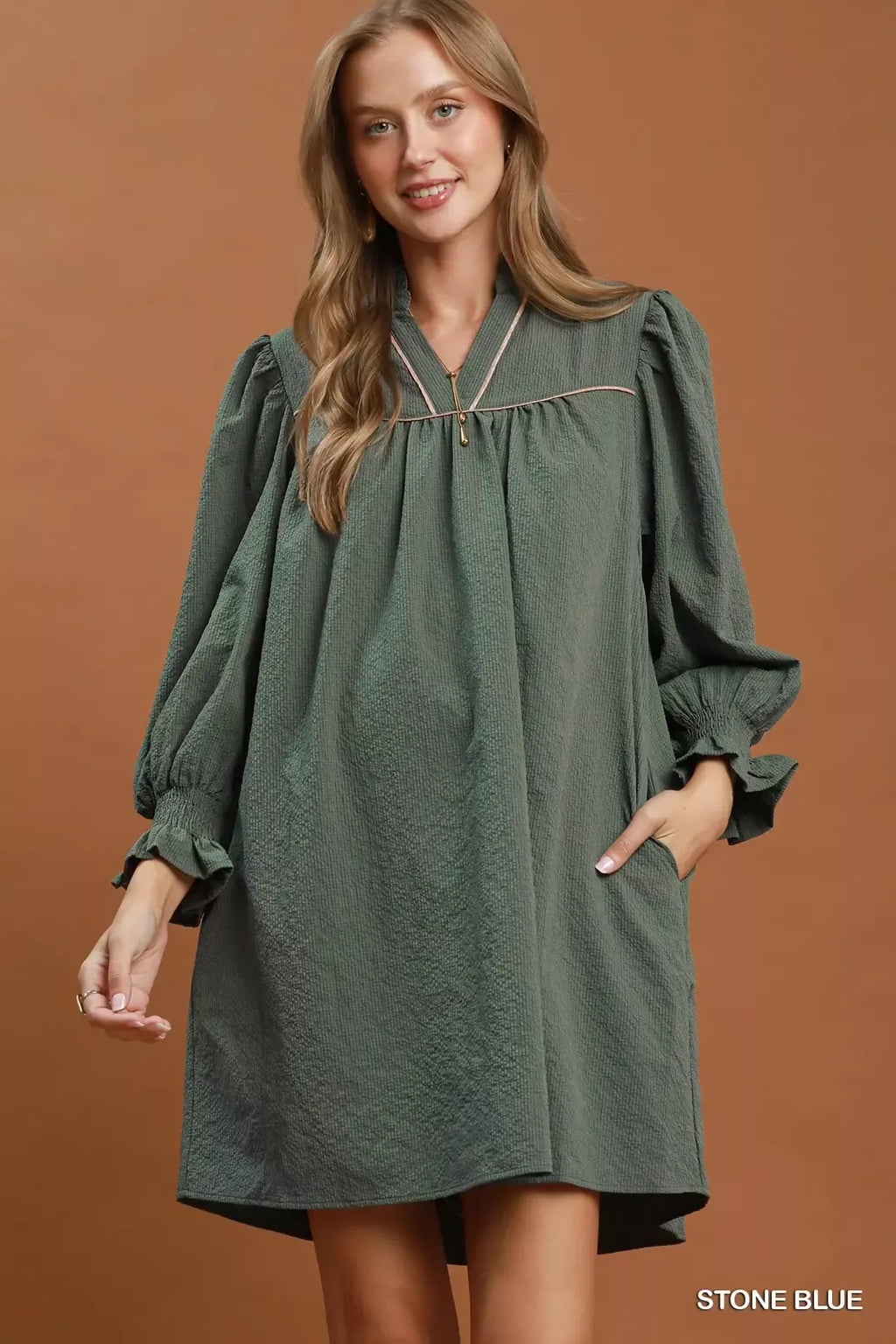 YSONA Umgee Textured Puff Sleeve Mini Dress — front view | Women's Dress | Shop YSONA