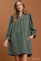 YSONA Umgee Textured Puff Sleeve Mini Dress — front view | Women's Dress | Shop YSONA