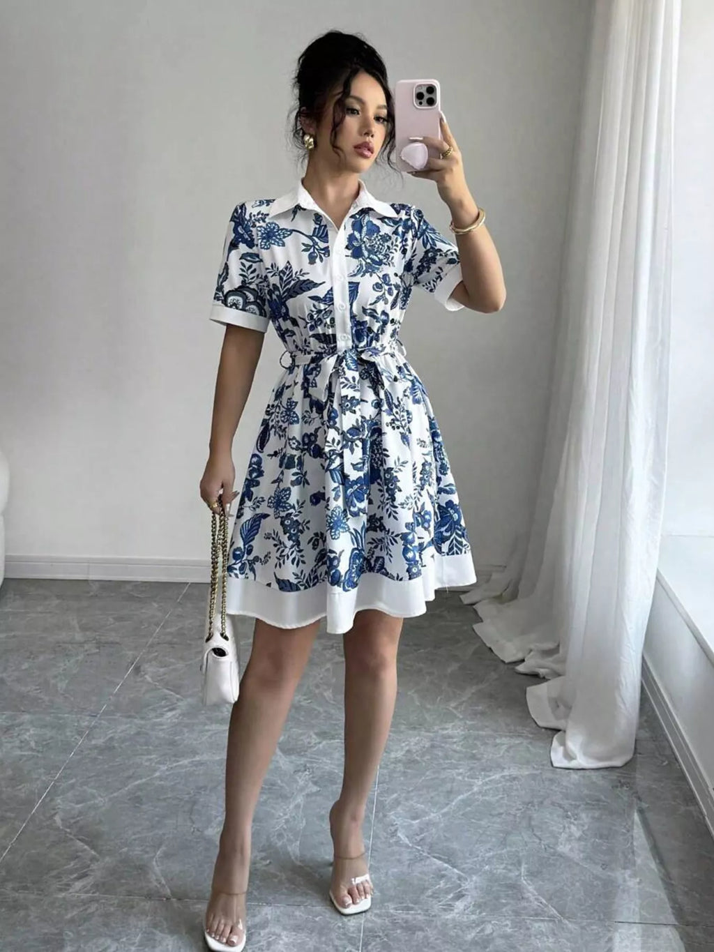 YSONA Printed Button Front Mini Dress — side view | Women's Dress | Shop YSONA