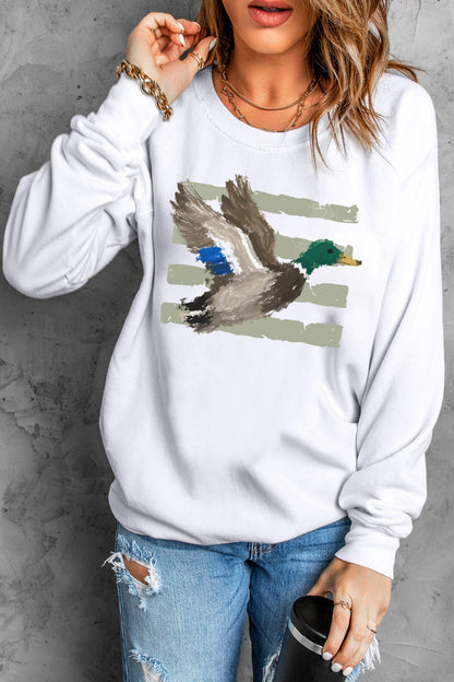White Western Print Mallard Duck Graphic Casual Sweatshirt